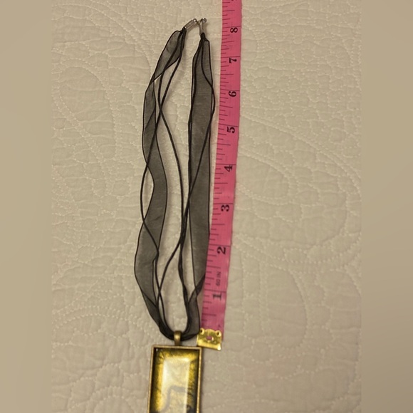 Elegant Black and Gold Rectangular Pendant & Sheer Ribbon Necklace - Picture 5 of 6